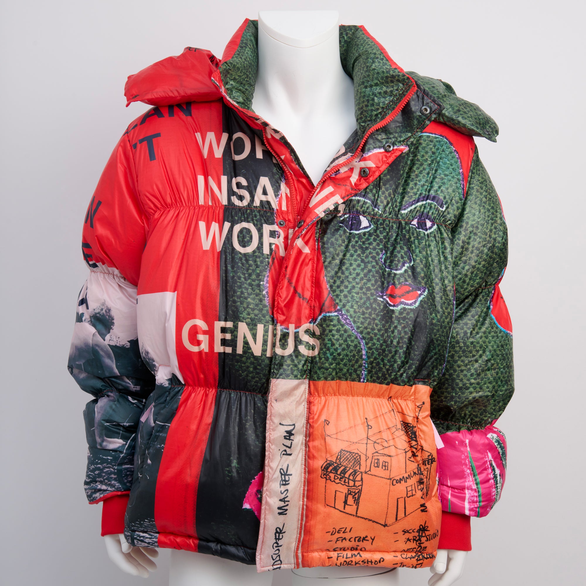 Kidsuper, Graphic “Work Insane, Work” Puffy Red Zip Jacket, Size XL (Fits like a L)