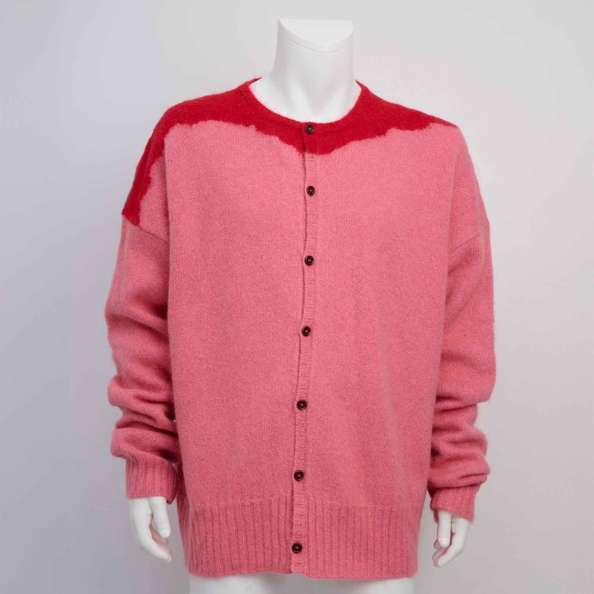 Raf Simons, Pink/Red Color Block Wool Blend Oversized Cardigan, Size 1