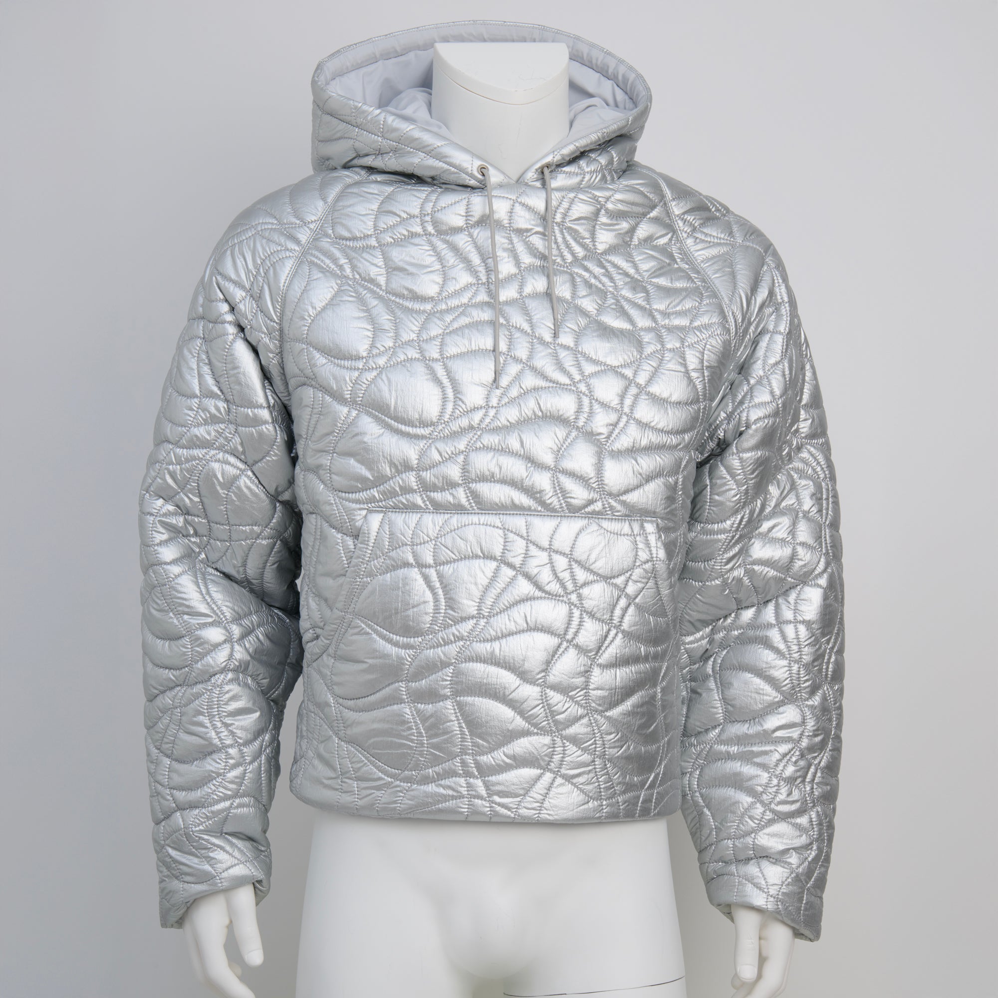 ERL, Silver Woven Puffer Hoodie, Size M