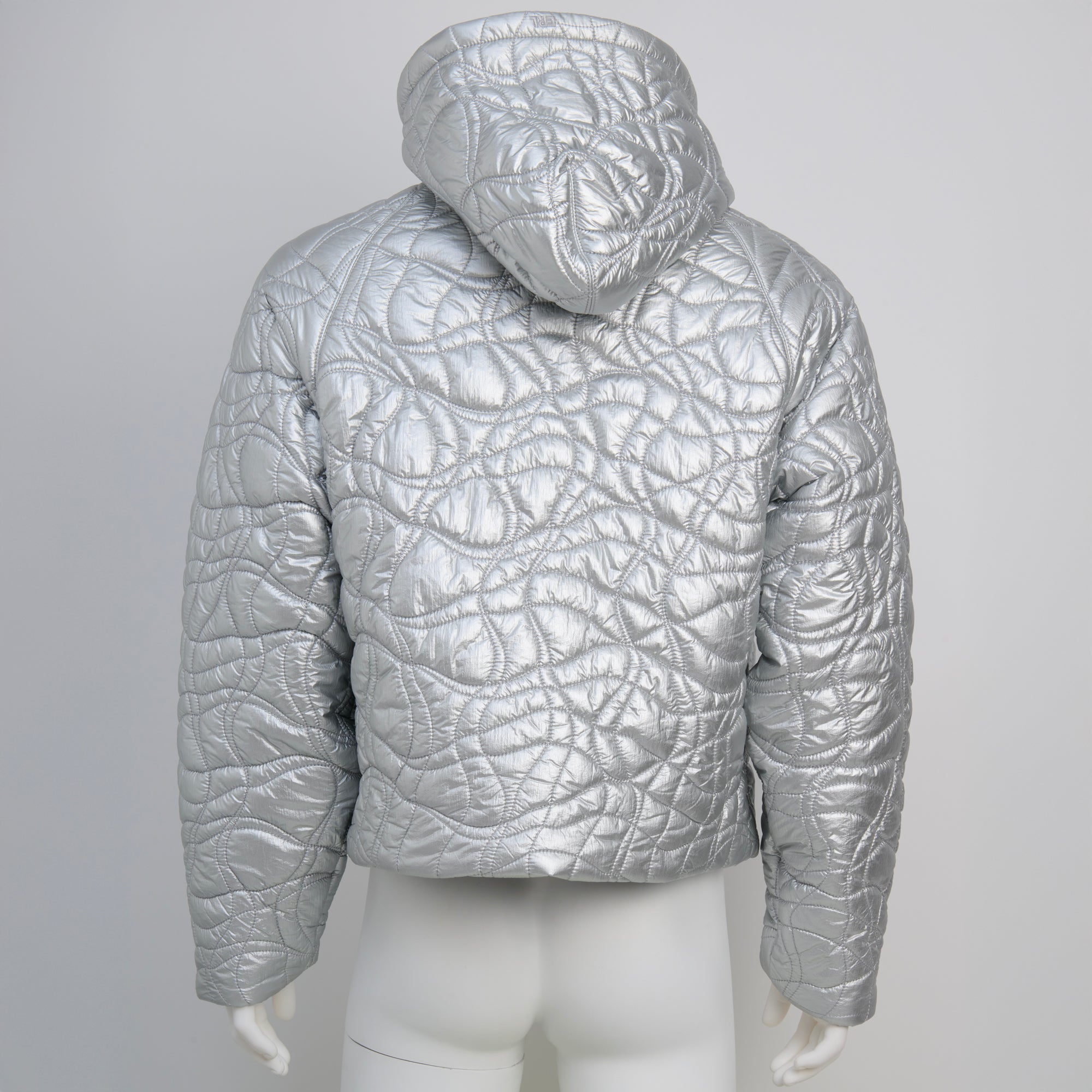 ERL, Silver Woven Puffer Hoodie, Size M