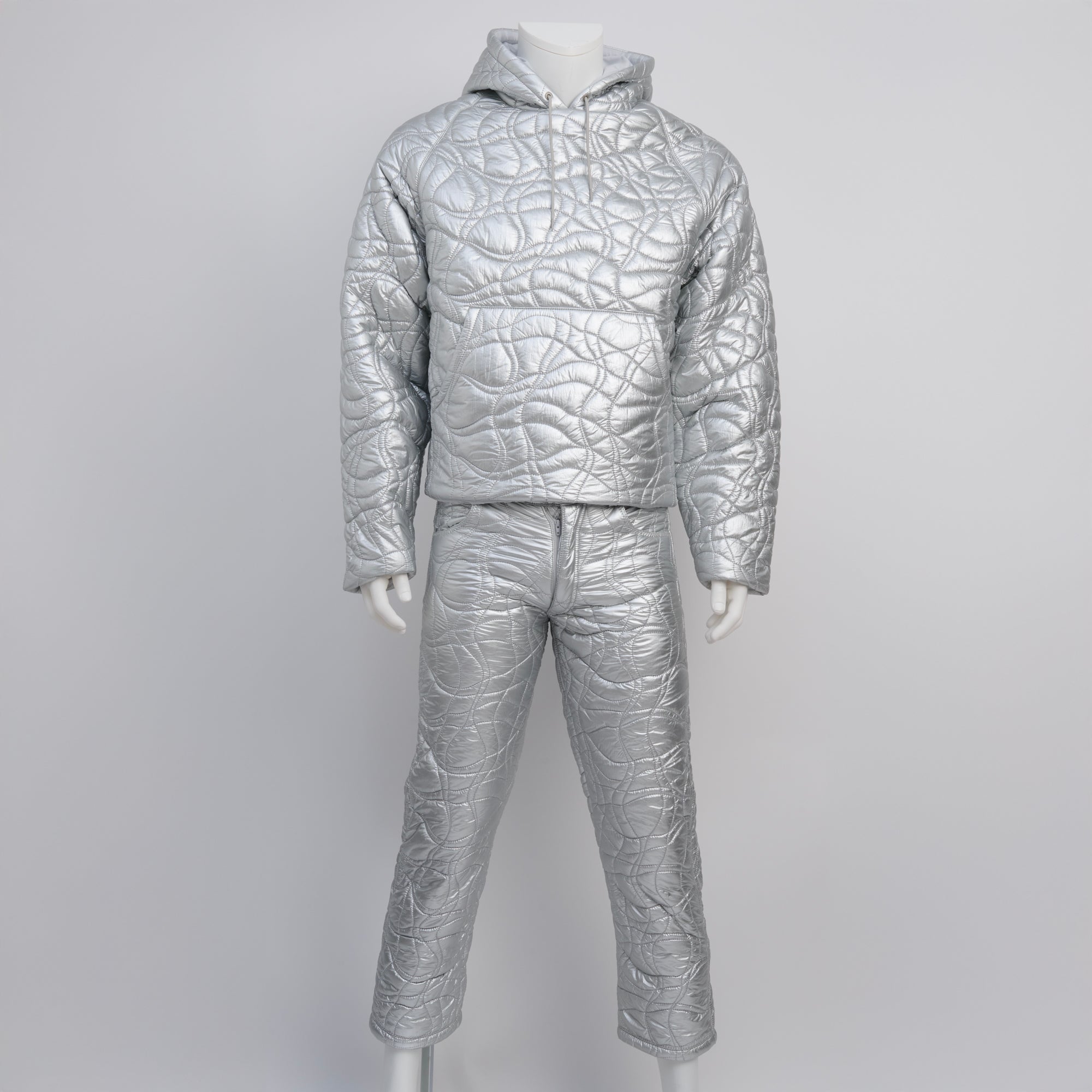 ERL, Silver Woven Puffer Hoodie, Size M