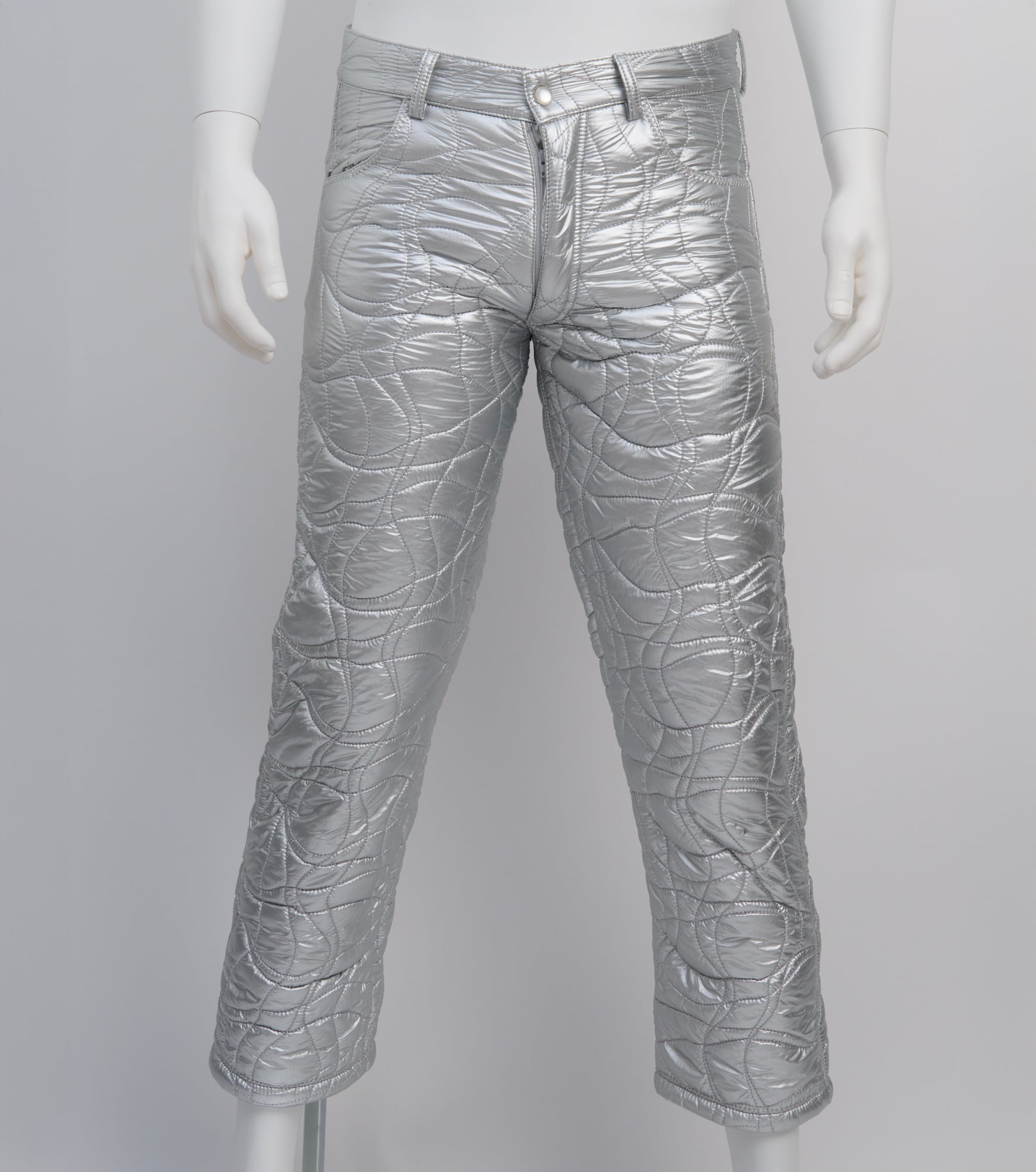 ERL, Silver Woven Puffer Trousers, Size S